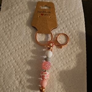 Handmade Beaded Keyfinder Purse Keychain with Pink and Gray Accents